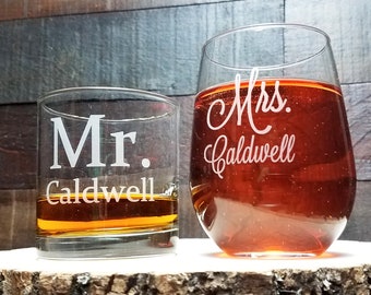 Whiskey and Wine Glass Set, Custom Engraved, Mr. and Mrs. Glasses, Gift for Couple, Wine Glass, Whiskey Glass, Wedding Gift, Newlyweds