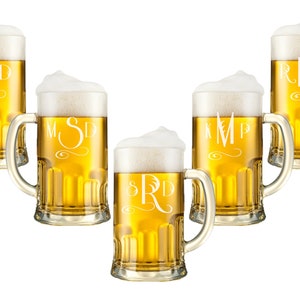 Personalized Beer Mugs, Monogram Glasses, Engraved Beer Mug with Handle, Custom Engraved Beer Glass, Beer Stein, Wedding Party Favor image 1