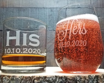 His and Hers Whiskey and Wine Glass Set, Custom Engraved Gift for Couple, Wine and Whiskey Glass Set, Wedding Gift, Newlywed Gift Idea