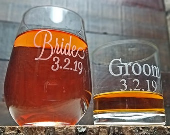Bride and Groom Wine and Whiskey Glass Set, Custom Engraved Gift for Couple, Wine Glass and Whiskey Glass Set, Wedding Gift, Newlywed Gift