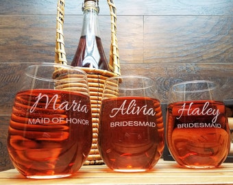 Personalized Bridesmaids Gifts, Stemless Wine Glass, Bachelorette Party, Wedding Shower, Wedding Favor, Maid of Honor, Bridesmaid Proposal