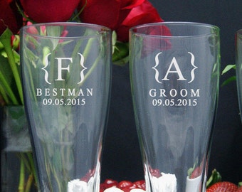 Personalized Beer Glasses / Groomsmen Gifts / Etched Glasses / 16oz Pilsner Beer Glass / Engraved  / Wedding / Set of 10 / 16 DESIGNS