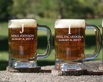 Personalized Beer Mug -12oz / Groomsmen / Engraved / Etched Beer Mug with Handle / Custom Personalized Beer Glass / Set of 4 Mugs