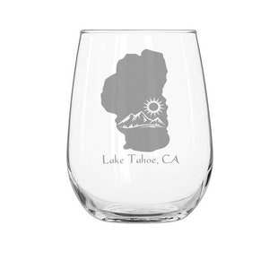 Lake Tahoe with Mountains and Sun, Stemless Wine Glass, Custom Engraved Gift, Personalized Stemless Wine Glass