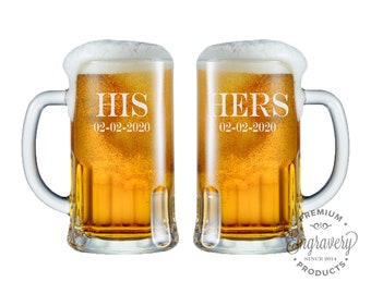 His Hers Beer Mugs, Personalized Wedding Glasses, Custom Engraved Beer Stein, Engraved Beer Glasses, Wedding Gifts for the Couple - Set of 2