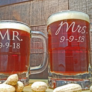 Mr and Mrs Beer Mugs Personalized, Custom Engraved Gift with Date, Wedding Gift, Anniversary Gift, Beer Gifts for the Couple Set of 2 image 1
