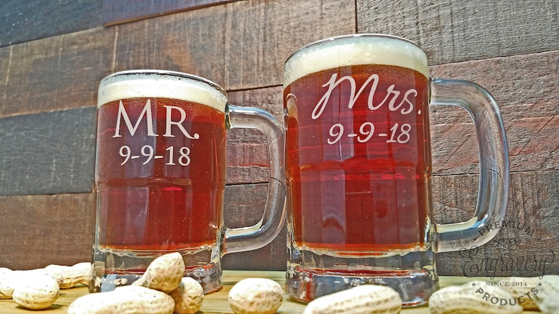 Mr and Mrs Beer Mugs Personalized, Custom Engraved Gift with Date, Wedding Gift, Anniversary Gift, Beer Gifts for the Couple Set of 2 image 1