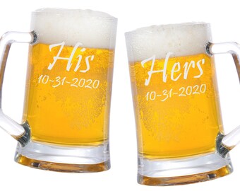 His and Hers Beer Mugs 25oz., Personalized Beer Mug, Engraved Wedding Glasses, Gifts for the Couple, Custom His Hers Beer Steins - Set of 2