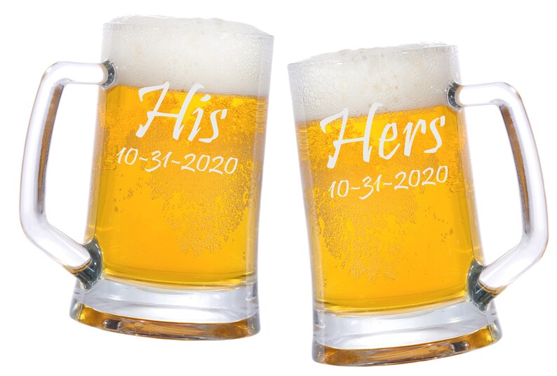 His and Hers Beer Mugs 25oz., Personalized Beer Mug, Engraved Wedding Glasses, Gifts for the Couple, Custom His Hers Beer Steins Set of 2 image 1