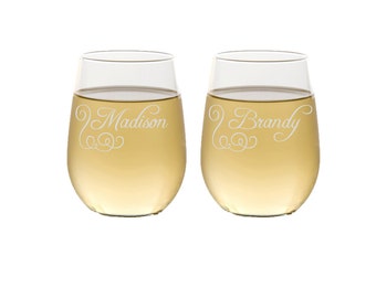 Set of 8 Bridesmaid Gifts, Personalized Bridesmaids Gift, Custom Engraved Wine Glassware, Engraved, Bridal Party Gift, Stemless Wine Glasses