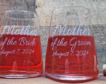 Mother of the Bride Stemless Wine Glass, Mother of the Groom Wine Glass, Engraved Flared Tumbler, Personalized Gift for Mom, Gift for Mother