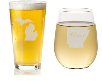 Personalized Beer and Stemless Wine Glass, Custom State Glass, Custom Gift, Engraved Home State Gift, (All 50 States Available)