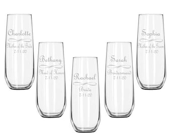 Custom Stemless Champagne Glasses, Personalized Wedding Party Flutes, Bridesmaids Gifts, Wedding, Custom Engraved, Bridal Brunch Glasses