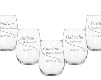 8 Custom Stemless Wine Glasses, Personalized Wine Glasses, Engraved Wine Glass, Wedding Party Gifts, Engraved Glasses, Bridesmaids Gifts