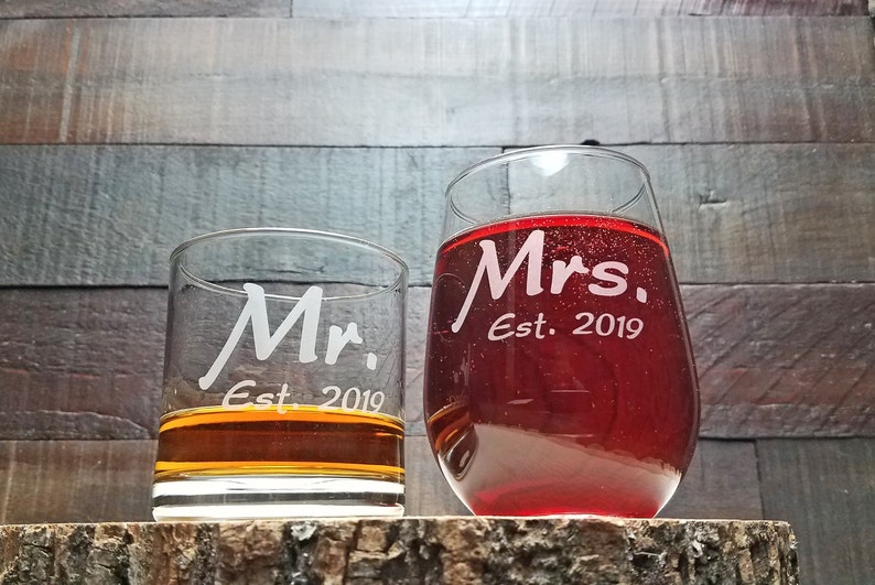 Mr. and Mrs. Whiskey and Wine Glass Set With Established Date Etsy