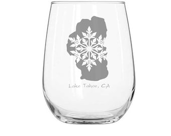 Lake Tahoe - Snowflake, Stemless Wine Glass, Custom Engraved Gift, Personalized Stemless Wine Glass