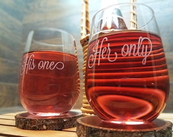 His One and Her Only Wine Glasses, Custom Engraved Gift for Couple, Stemless Wine Glass Set, Wedding Gift, Newlywed, Anniversary Gift