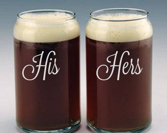 Personalized His and Hers Beer Can Glasses / Custom Etched Wedding Gift / Gifts for the Couple / Custom Engraved Glasses Set of 2