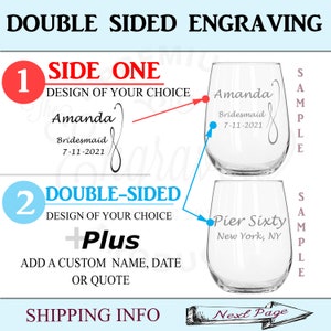 7 Custom Engraved Stemless Wine Glasses, Personalized Wedding Party Gifts, Bridesmaid Glass, Wedding Party Glasses, Mother of the Bride Gift image 7