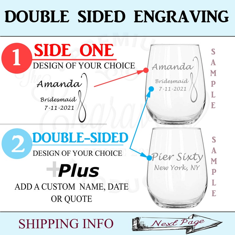 7 Custom Engraved Stemless Wine Glasses, Personalized Wedding Party Gifts, Bridesmaid Glass, Wedding Party Glasses, Mother of the Bride Gift image 7