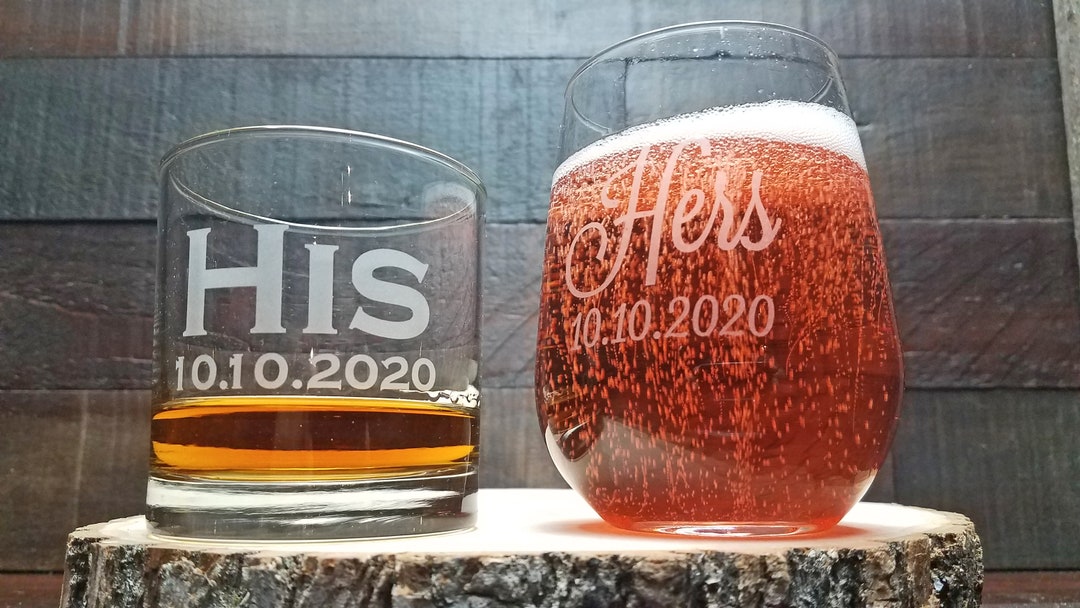 His and Hers Whiskey and Wine Glass Set, Custom Engraved Gift for