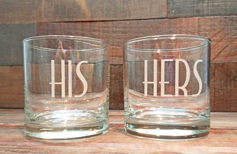 His and Hers Whiskey Glasses, Custom Wedding Gift, Engraved Rocks Glass, Whiskey Glasses Personalized, Gifts for the Couple Set of 2 image 2