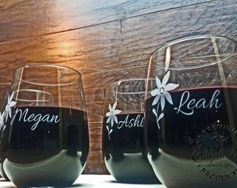 Custom Stemless Wine Glasses, Personalized Wine Glasses, Custom Engraved Glasses, Gifts for the Wedding, Bridesmaids Gifts, Set of FOUR