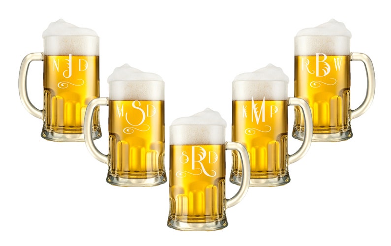 Personalized Beer Mugs, Monogram Glasses, Engraved Beer Mug with Handle, Custom Engraved Beer Glass, Beer Stein, Wedding Party Favor image 1