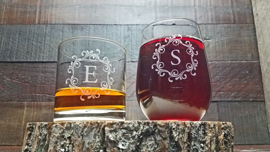 Whiskey and Wine Glass Set, Custom Monogrammed Pair of Glasses