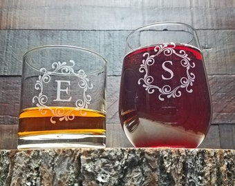 Whiskey and Wine Glass Set, Custom Monogrammed Pair of Glasses, Engraved Monogrammed Set, Gift for Couple, Wedding Gift Idea, Newlywed