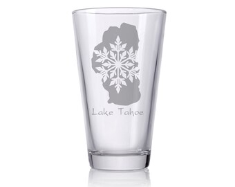 Lake Tahoe Snowflake Drinking Glass, Custom Engraved Pint Glass, Personalized Gift, Customized Beer Glass, Fun Gift Idea