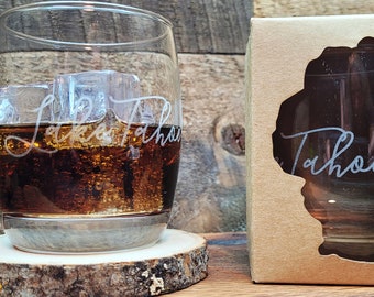 Custom Engraved Lake Tahoe Whiskey Glass with the Option for an added Gift Box - Personalized Gift with Custom Gift Box