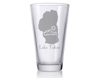 Lake Tahoe Mountains & Sun Drinking Glass, Custom Engraved Pint Glass, Personalized Gift, Customized Beer Glass, Fun Gift Idea