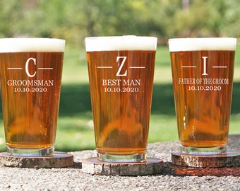 Personalized Beer Glasses, Groomsmen Gifts, Bridesmaids Gift, Engraved Wedding Glasses, Custom Engraved Pint Glass, Wedding Beer Gift