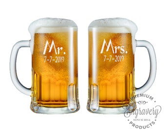 Mr. Mrs. Beer Glasses, Personalized Beer Mug, Wedding Glasses, Custom Engraved Mugs, Beer Drinking Gifts, Beer Mug with Handle - Set of 2