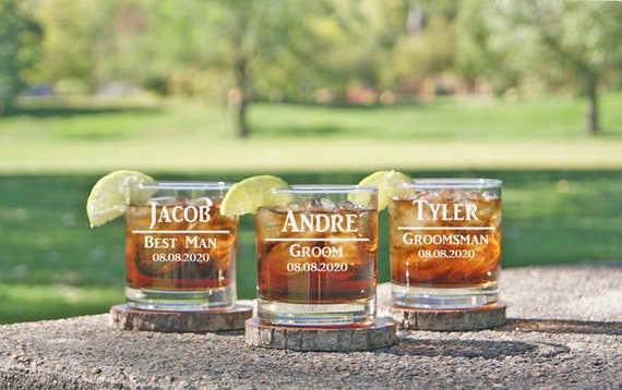 Set of 1 1 Groomsman 5 and More Custom Personalized Whiskey Rocks Glasses for Bachelor Party 3-Lines Style 4 Engraved Square Rocks Glass Gifts for Groom 