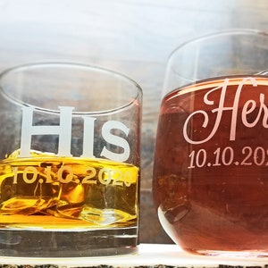 His and Hers Whiskey and Wine Glass Set, Custom Engraved Gift for Couple, Wine and Whiskey Glass Set, Wedding Gift, Newlywed Gift Idea image 3