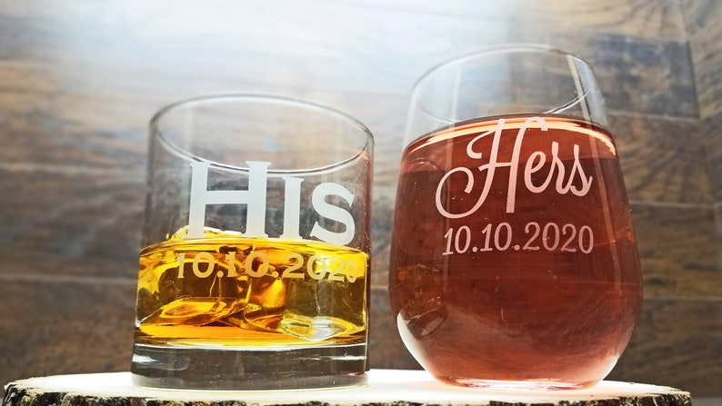 His and Hers Whiskey and Wine Glass Set, Custom Engraved Gift for Couple, Wine and Whiskey Glass Set, Wedding Gift, Newlywed Gift Idea image 3