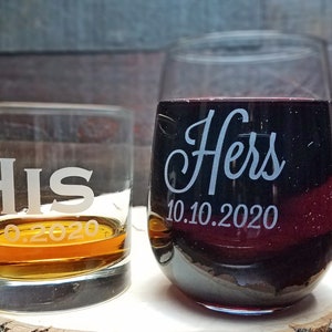 His and Hers Whiskey and Wine Glass Set, Custom Engraved Gift for Couple, Wine and Whiskey Glass Set, Wedding Gift, Newlywed Gift Idea image 2