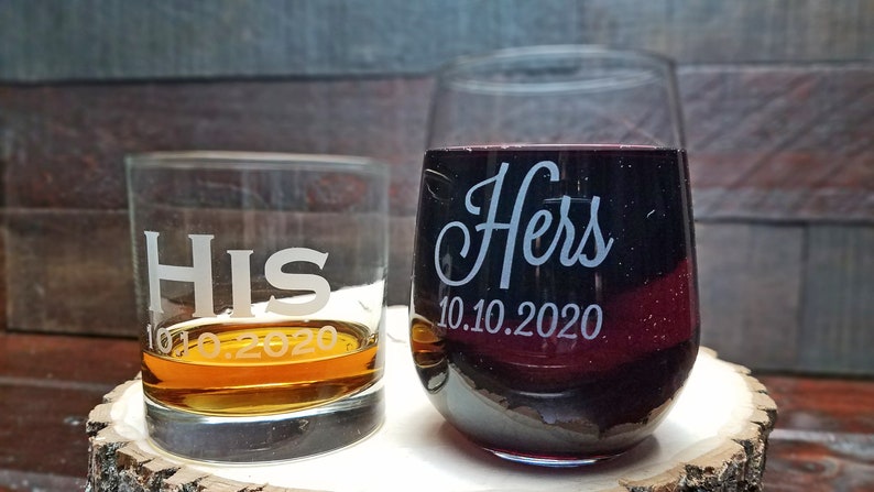 His and Hers Whiskey and Wine Glass Set, Custom Engraved Gift for Couple, Wine and Whiskey Glass Set, Wedding Gift, Newlywed Gift Idea image 2