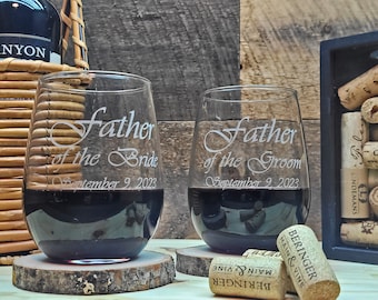 Father of the Bride, Father of the Groom, Engraved Wine Tumbler, Custom Stemless Wine Glass - Customize with Any Title, Name or Design