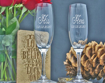 His and Hers Champagne Glasses, Personalized Champagne Flutes, Custom Toasting Glasses, His and Hers Engraved Glasses, His Hers - Set of 2