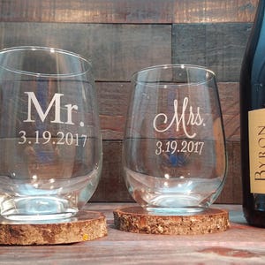 Mr. and Mrs. Stemless Wine Glasses, Custom Engraved with Date, Personalized Wine Glass, Wedding Gift, Choose Two Custom Fonts Set of 2 image 1