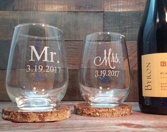 Mr. and Mrs. Stemless Wine Glasses, Custom Engraved with Date, Personalized Wine Glass, Wedding Gift, Choose Two Custom Fonts - Set of 2