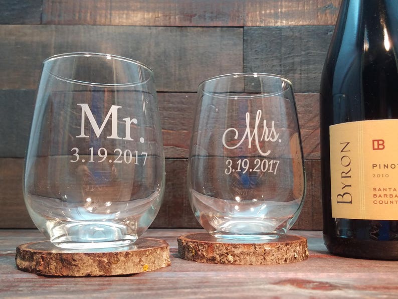 Mr. and Mrs. Stemless Wine Glasses, Custom Engraved with Date, Personalized Wine Glass, Wedding Gift, Choose Two Custom Fonts Set of 2 image 1