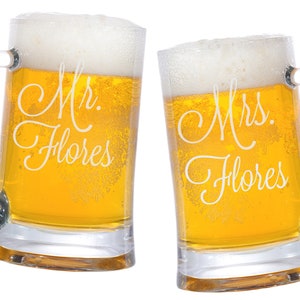 Mr. and Mrs. Beer Mugs, Beer Mugs Personalized, Engraved Glasses, Engraved Glass Mug, Wedding Beer Mugs, Gifts for the Couple Set of 2 image 1