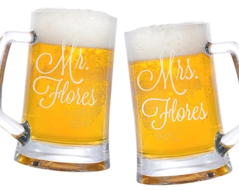 Mr. and Mrs. Beer Mugs, Beer Mugs Personalized, Engraved Glasses, Engraved Glass Mug, Wedding Beer Mugs, Gifts for the Couple - Set of 2