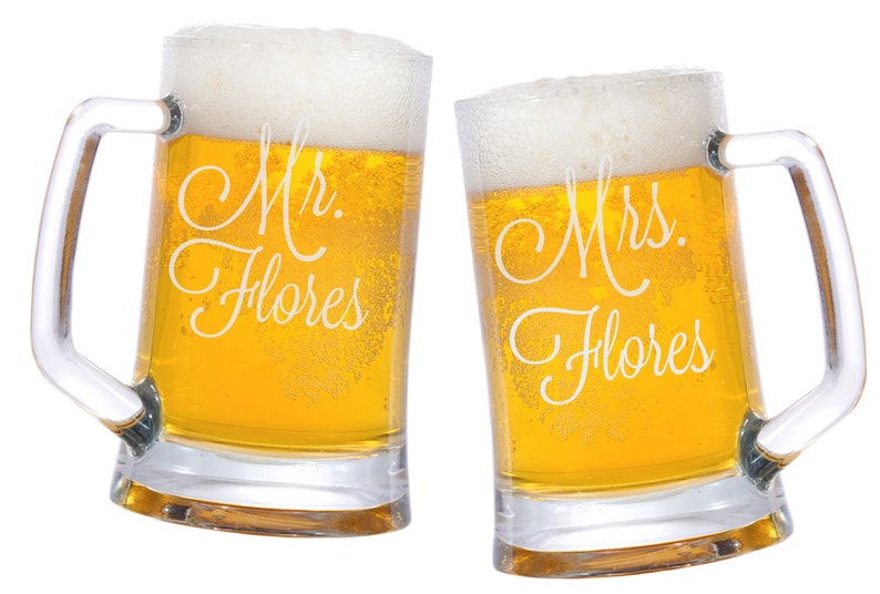 Mr. and Mrs. Beer Mugs, Beer Mugs Personalized, Engraved Glasses, Engraved Glass Mug, Wedding Beer Mugs, Gifts for the Couple Set of 2 image 1