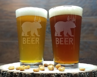 Beer Bear Deer Pint, Fun Beer Gift, Beer Glasses, Personalized Gift, Pint Glass Customized, Engraved Gift, Custom Engraved Beer Glass