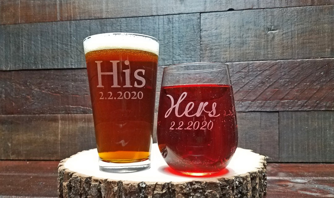 His and Hers Beer and Wine Glass Set, Custom Engraved With Date, Gift ...